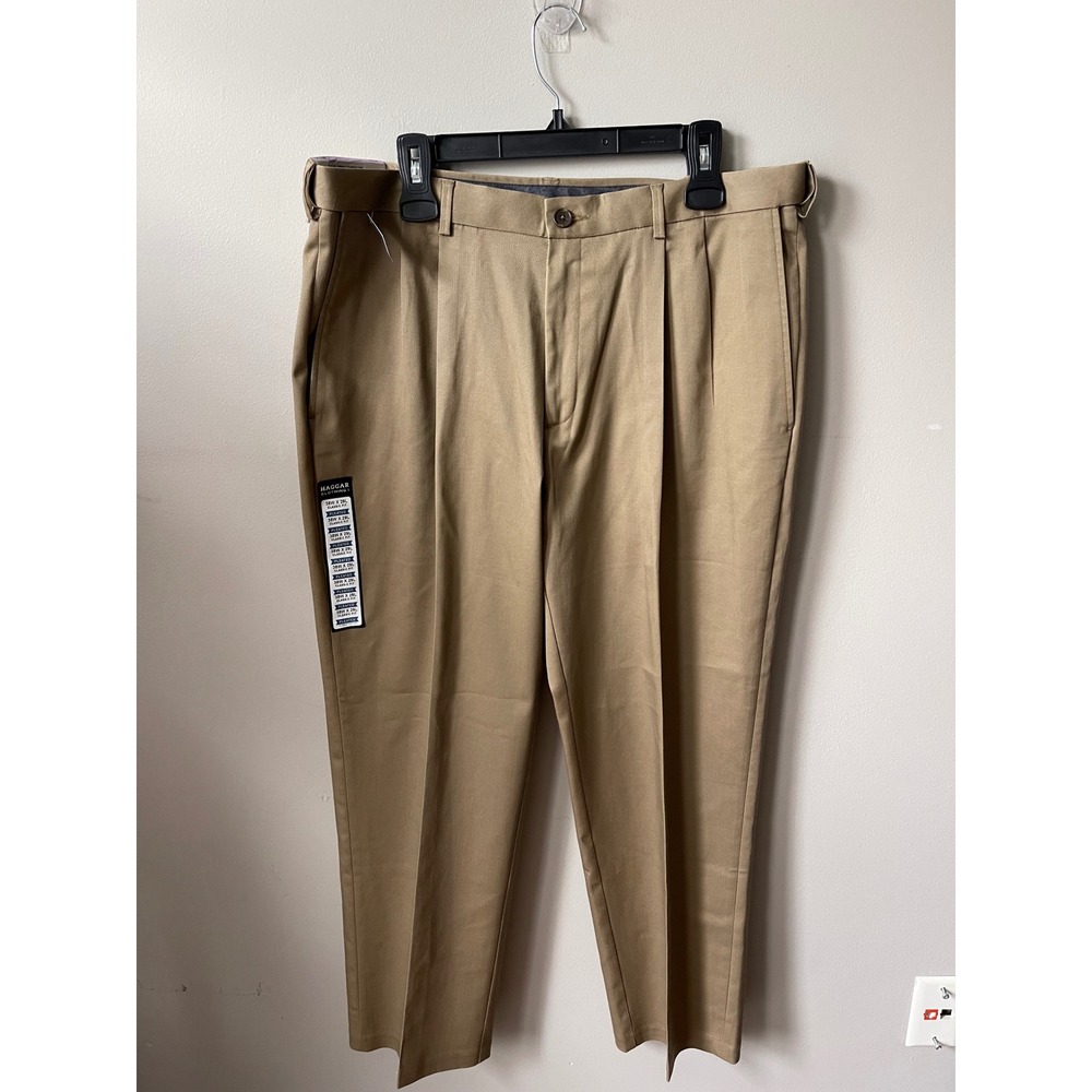 Haggar Premium No Iron Khaki Mens 38x29 Classic Fit Pleated Tan Dress Pants NEW